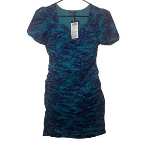 Tokyo Talkies Urban Dress Small‎ Teal Blue Purple Floral Ruched Bodycon